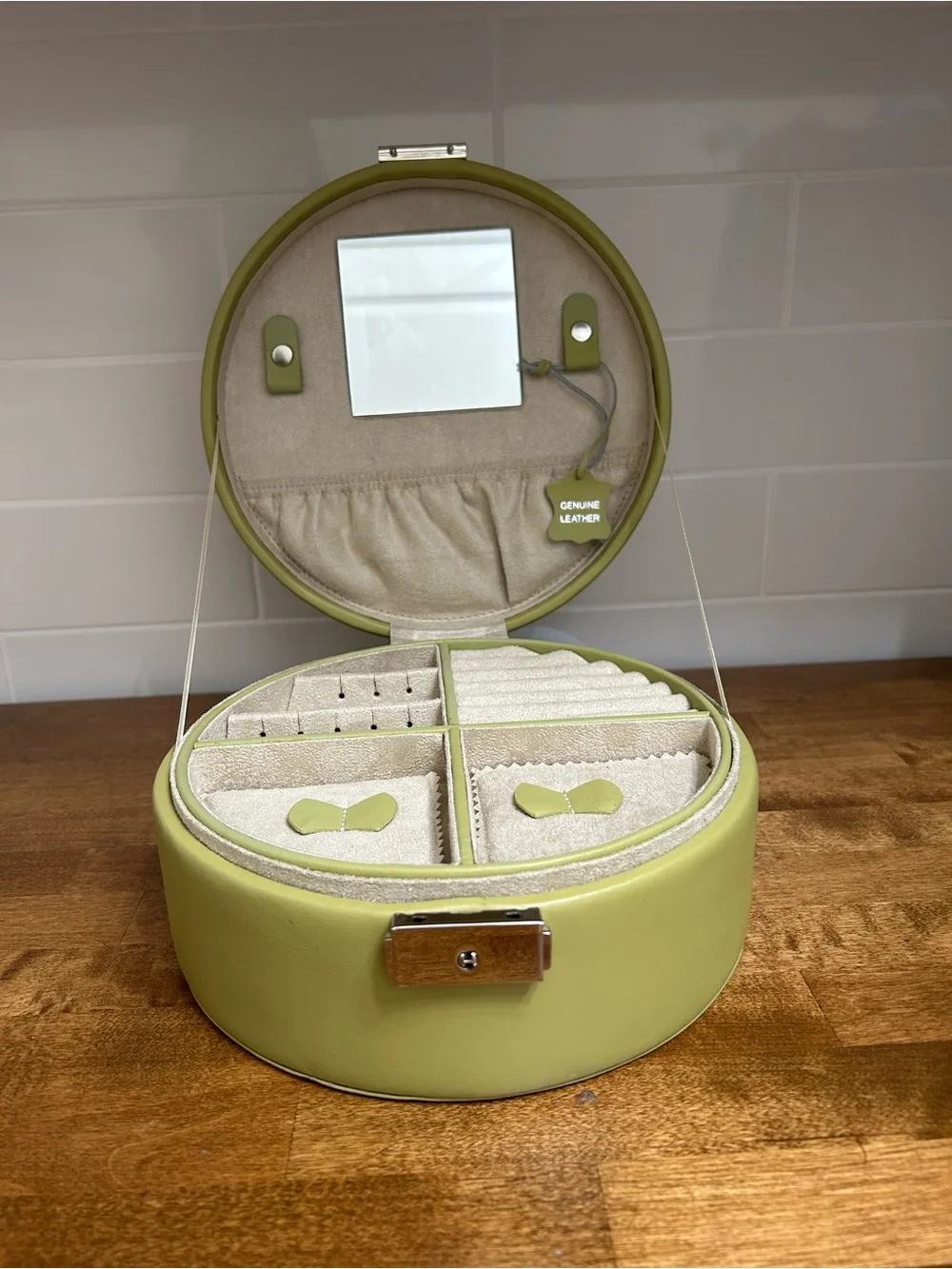 Leather Olive Green Round Jewelry Organizer Case with Mirror